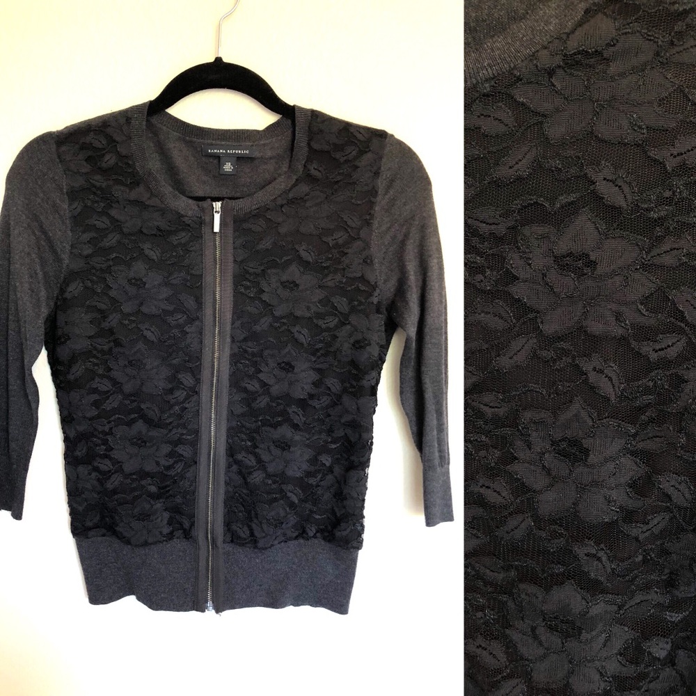 Gray Lace Front Zipper Cardigan